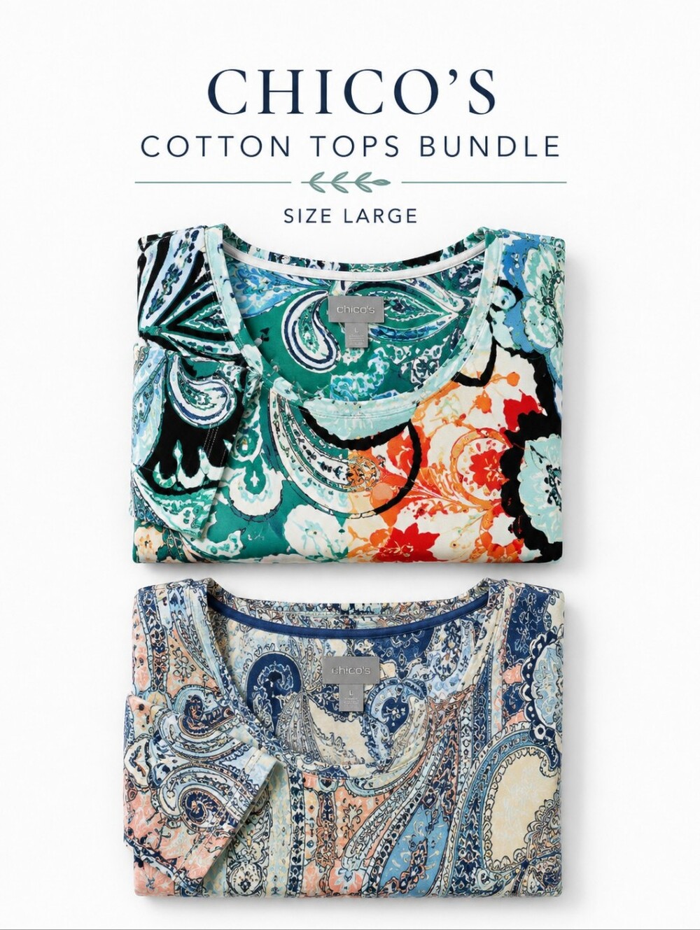 Chico’s Cotton Paisley Top Bundle Size 2 Large 2PC Boho Knit 3/4 Sleeve Tops